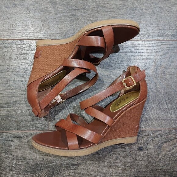 Lauren Ralph Lauren Leather Strappy Sandles Cloth Heel - Picture 4 of 12